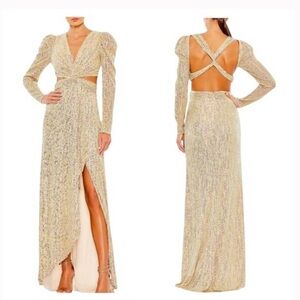 Mac Duggal Shimmering Gold Long Sleeve Dress